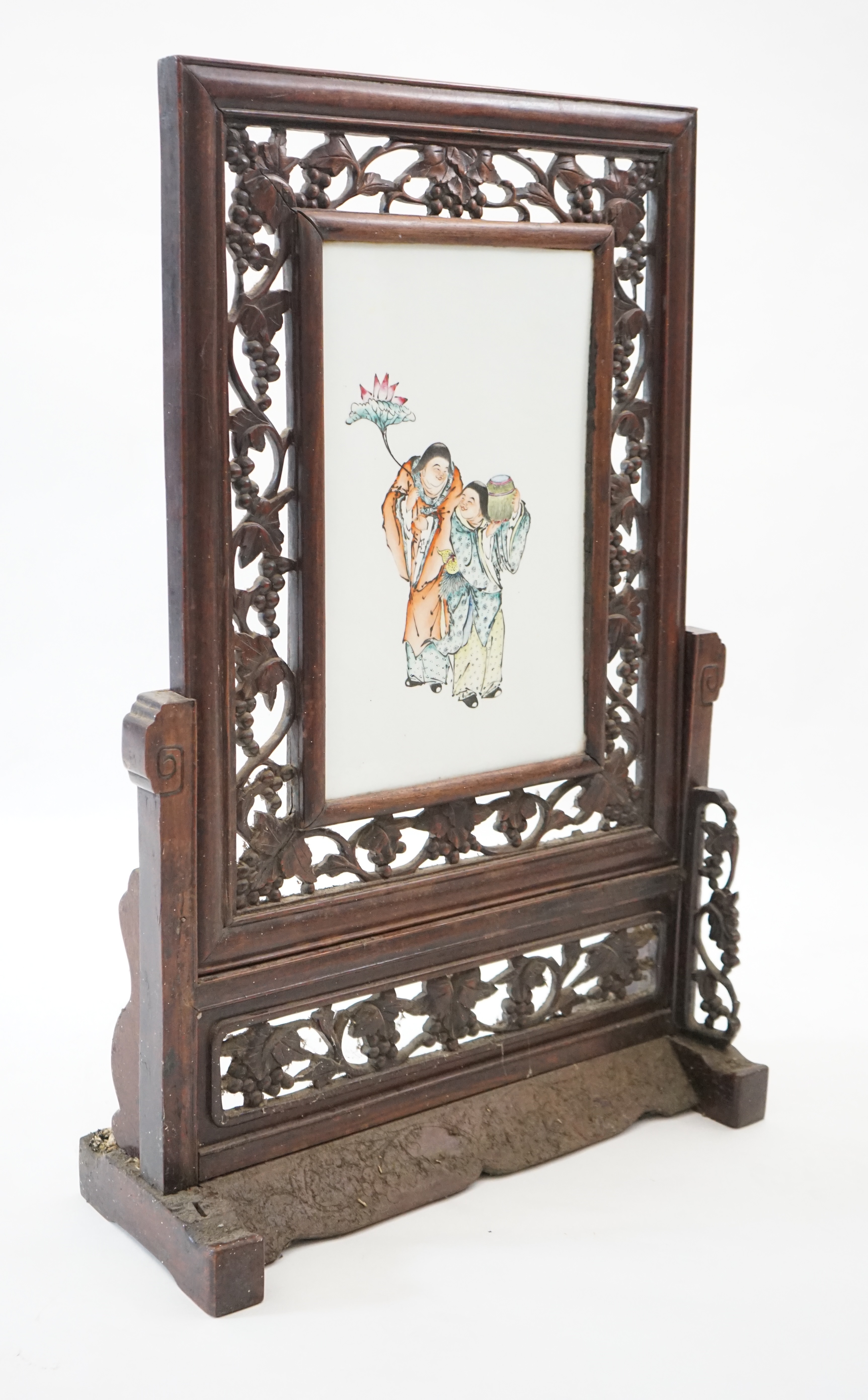 A Chinese enamelled porcelain and hardwood table screen Republic period, stand very dirty